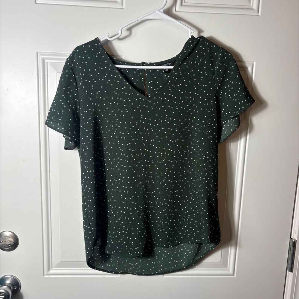 41 Hawthorn Dark Green Polka Dot V-Neck Short Sleeve Blouse WGW10478-PE Petite S